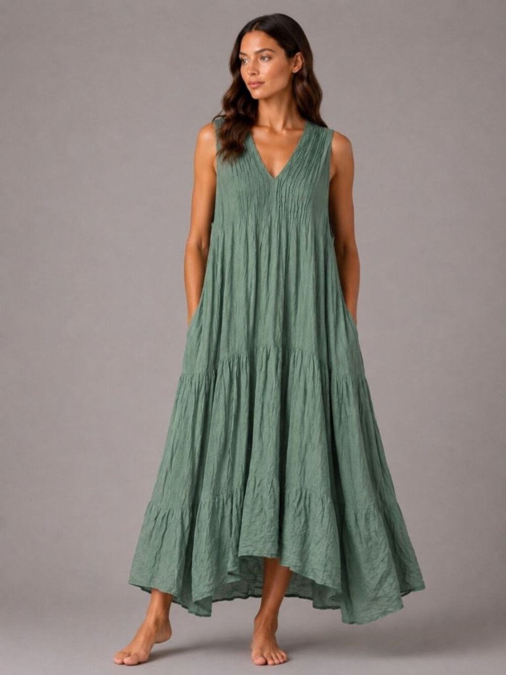 Women’s Boho 100% Cotton Maxi Dress Sage Green Lined V-Neck Pockets One Size